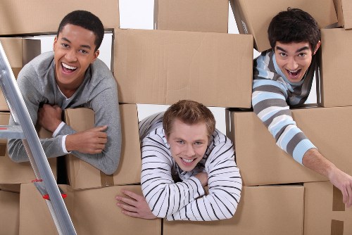 Three young men are inside a room filled with stacked cardboard moving boxes. The man on the left, with dark skin and short dark hair, is smiling cheerfully and leaning on a silver step ladder, wearing a light grey sweater. The man in the middle, with fair skin and short blonde hair, is lying on his stomach on top of the boxes, wearing a striped white and navy sweater, and smiling directly at the camera. The man on the right, with fair skin and dark hair, is also smiling and reaching out from behind the boxes, wearing a striped light blue, white, and grey sweater. The background shows a plain wall, indicating they are inside a residential space, possibly preparing for a house move in the Stockwell area. The scene conveys a positive and organized mood typical of professional house removal services, emphasizing the teamwork involved in relocating household belongings efficiently and carefully.